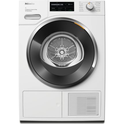 מייבש כביסה Miele TWL680WP עם דלת שחורה וחזית לבנה