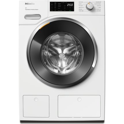 מכונת כביסה MIELE פתח קדמי לבנה עם פתח שחור