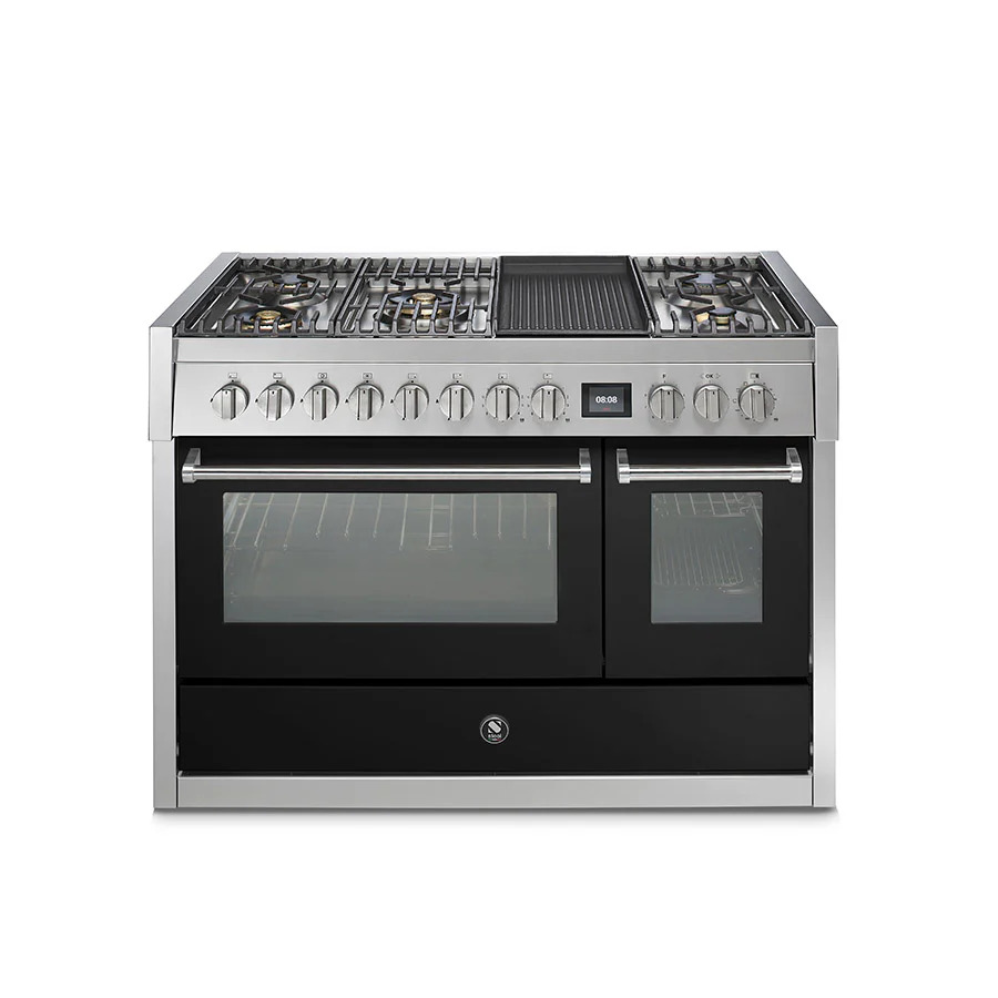 steel genesi 120 gq12sf product תנור גז משולב Steel Cucine Genesi 120 בצבע שחור עם מבערי גז ותאי אפייה