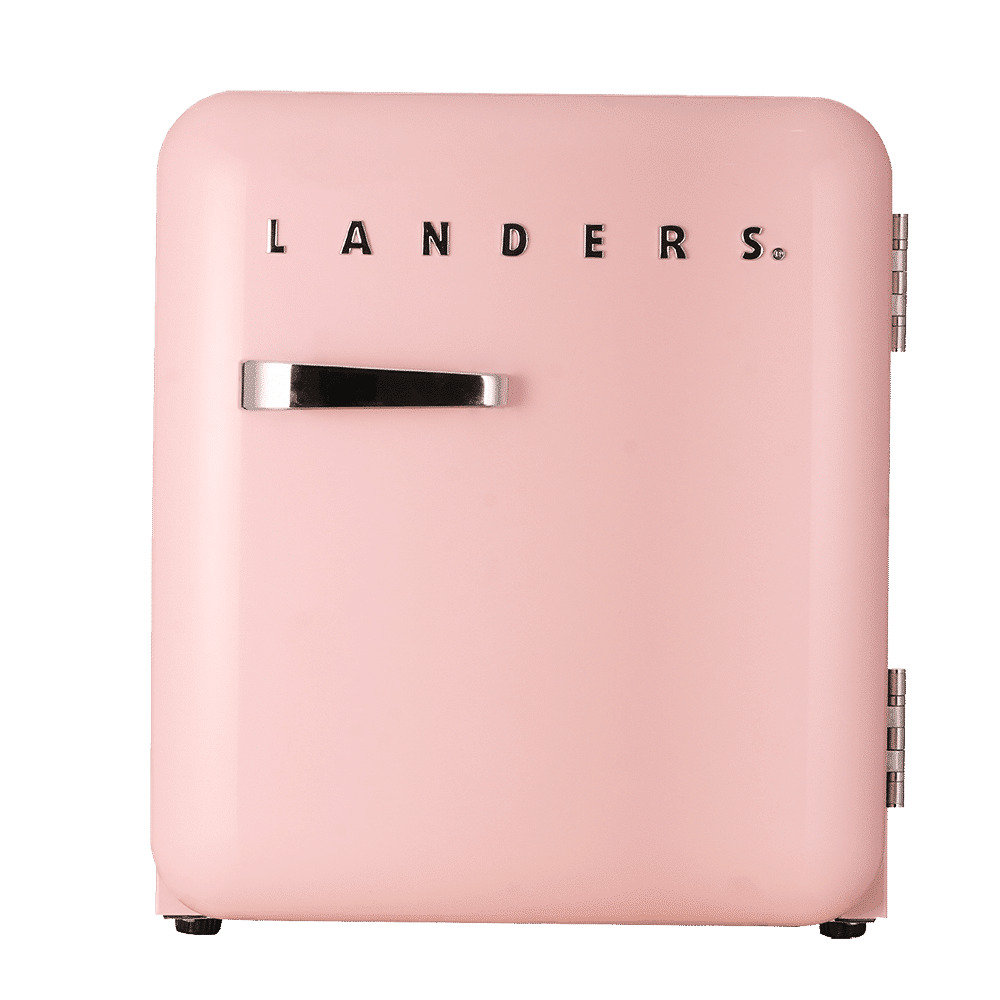 landers la46r product מקרר רטרו Landers LA46R 46 ליטר בצבע ורוד בייבי עם ידית נירוסטה
