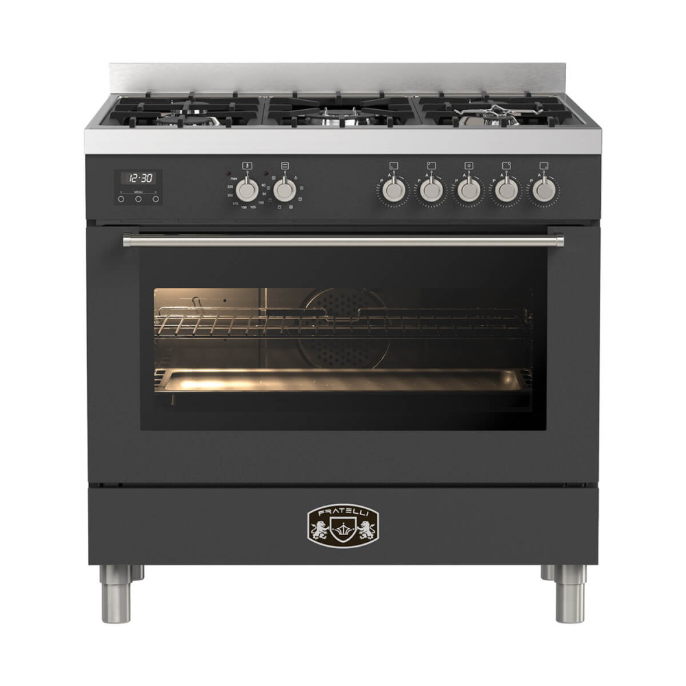 fratelli fro mi999an product תנור משולב כיריים Fratelli FRO-MI999AN 90 ס"מ 5 להבות גז שחור כסף