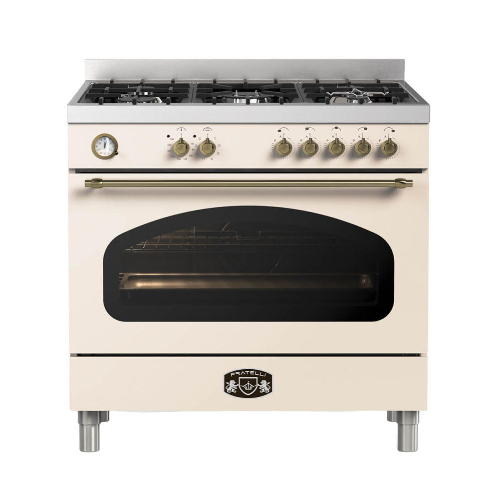 fratelli fro ve999cr product תנור משולב כיריים Fratelli FRO-VE999CR 5 להבות גז 90 ס"מ גוון קרם ברונזה